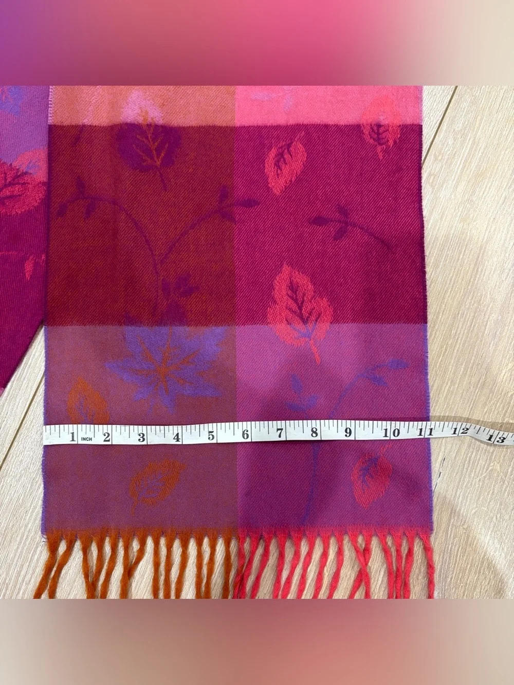 Made in Scotland 100% Cashmere Scarf Floral Jacquard Plaid Pink Purple